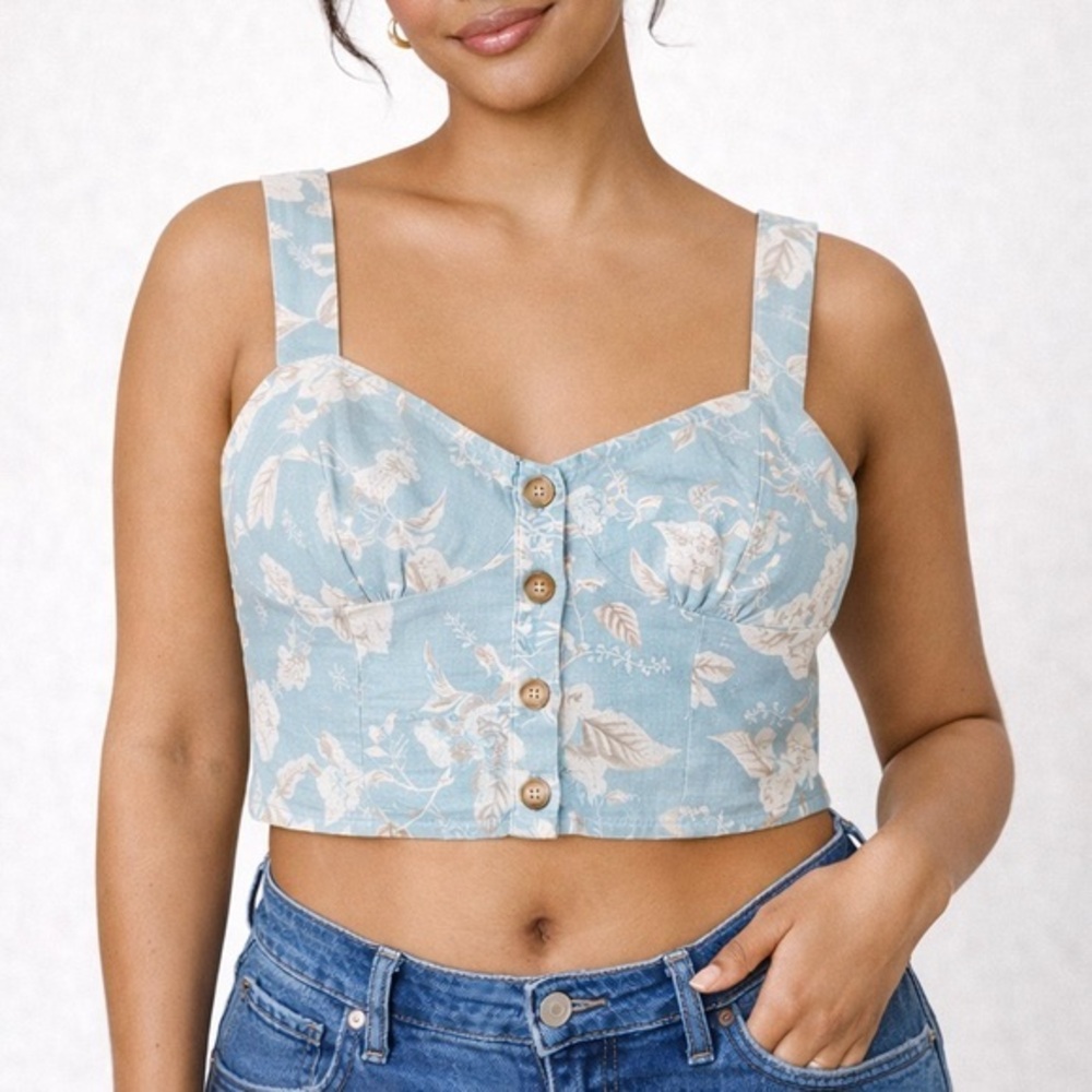 pull&bear Floral Strappy Cropped Linen Blend Top NWT